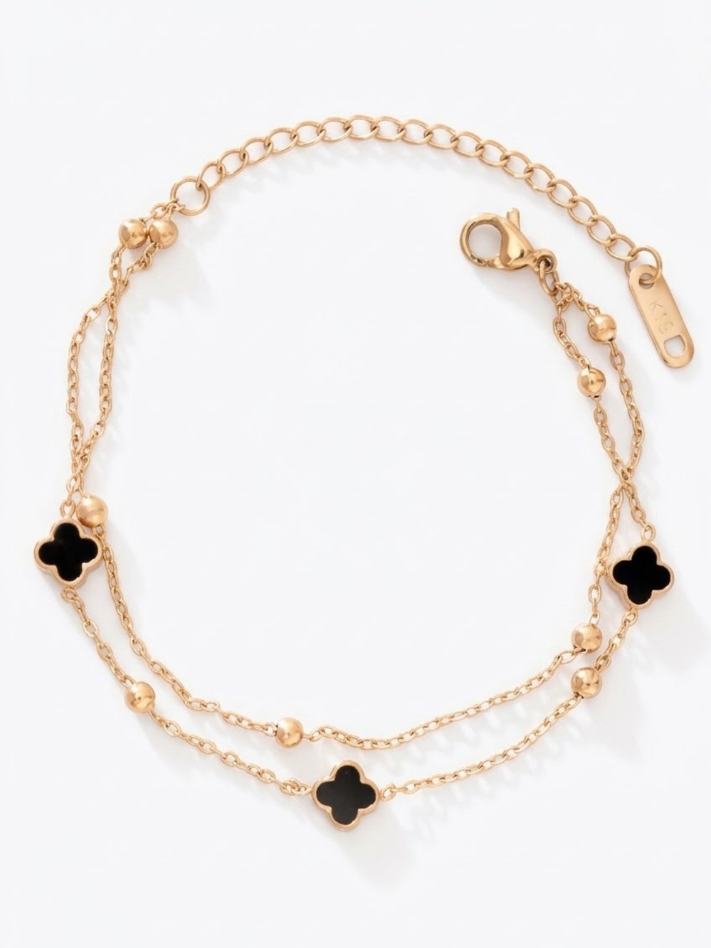 18kGold Tone Cable Chain Bracelet Black Clover Charms waterproof stainless steel
